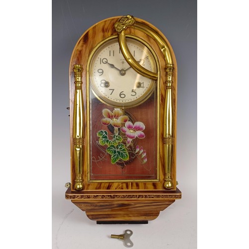 1209 - A Victorian black slate mantel clock, 30 cm high, a Japanese clock and a clock movement (3)