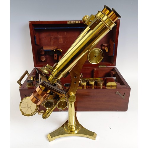 1216 - A late 19th century R & J Beck London & Philadelphia brass binocular microscope, with variou... 