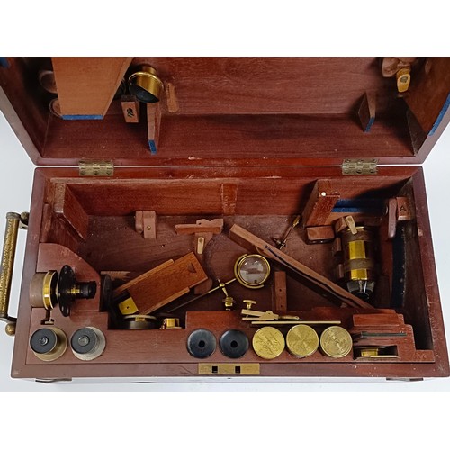 1216 - A late 19th century R & J Beck London & Philadelphia brass binocular microscope, with variou... 