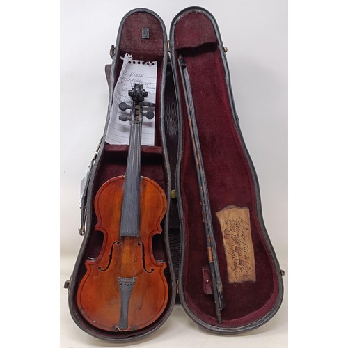 1092 - A miniature violin, cased with bow, two bowler hats and a leather pouch (4)