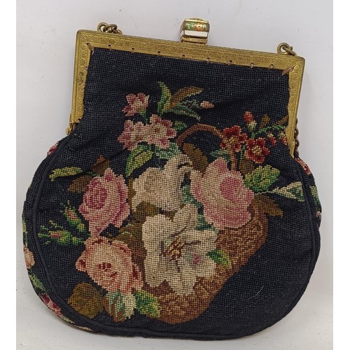 1102 - A petit point and enamel ladies bag, two others, glass lantern slides, memorabilia and jewellery