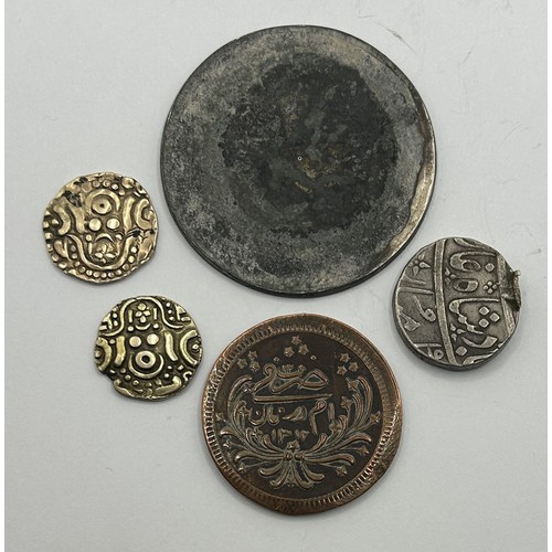 360 - A Persian silver coloured metal coin, previously mounted as brooch, and four other items (5)