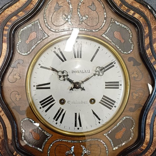 1222 - A French wall clock, the enamel dial signed Julien Domalau, in a walnut mother of pearl inlaid case,... 