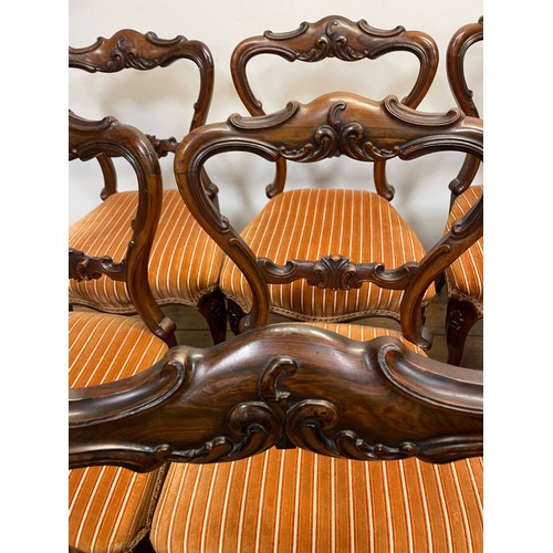 1280 - A set of twelve Victorian rosewood balloon back dining chairs, with carved top and central rails, pa... 