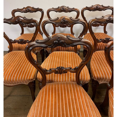 1280 - A set of twelve Victorian rosewood balloon back dining chairs, with carved top and central rails, pa... 