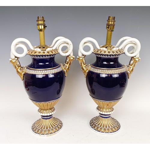 1169 - A pair of late 19th century Meissen vases, with snake handles, converted to lamps, 40 cm high (2)