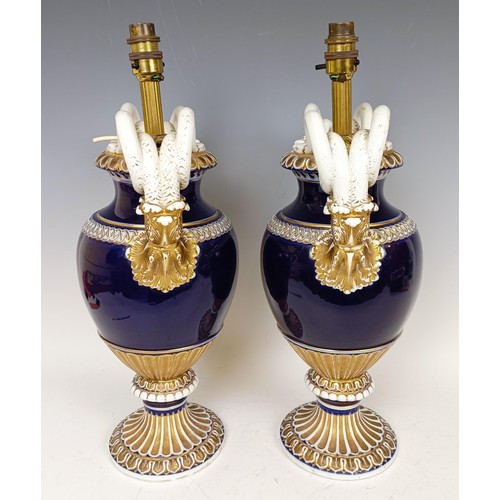 1169 - A pair of late 19th century Meissen vases, with snake handles, converted to lamps, 40 cm high (2)