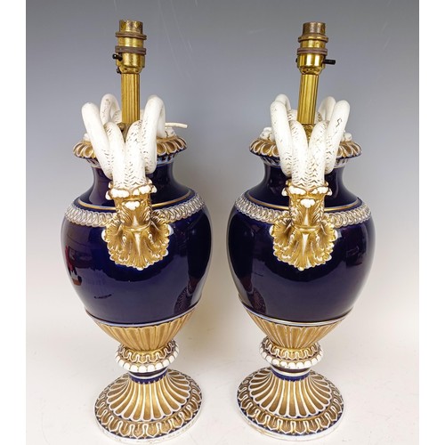 1169 - A pair of late 19th century Meissen vases, with snake handles, converted to lamps, 40 cm high (2)