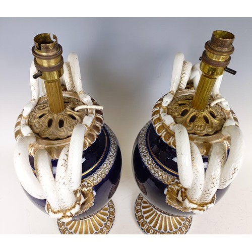 1169 - A pair of late 19th century Meissen vases, with snake handles, converted to lamps, 40 cm high (2)