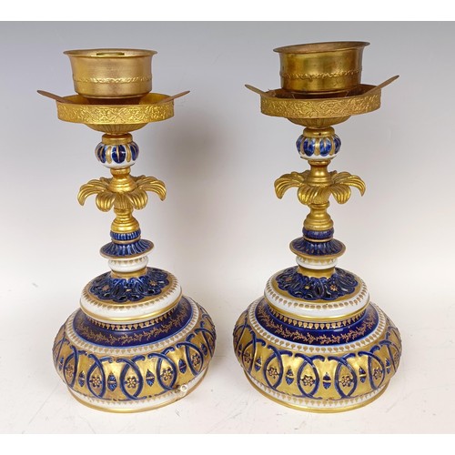 1170 - A pair of French Sevres style candlesticks, with gilt metal mounts, converted to lamps, 34 cm high (... 