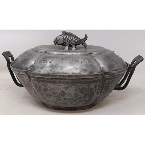 1138 - A Chinese pewter tureen and cover, two others similar, two famille rose plates and a scroll picture ... 