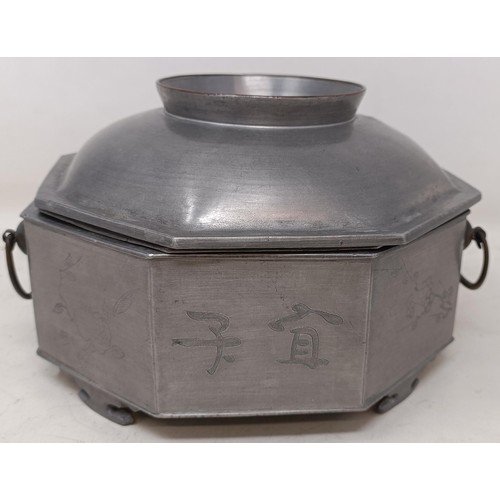 1138 - A Chinese pewter tureen and cover, two others similar, two famille rose plates and a scroll picture ... 