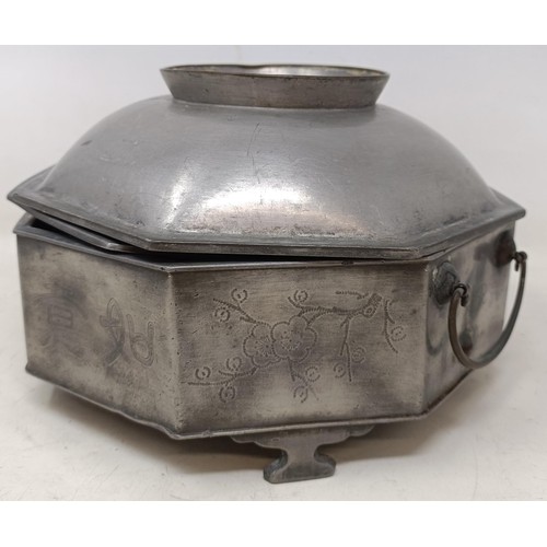 1138 - A Chinese pewter tureen and cover, two others similar, two famille rose plates and a scroll picture ... 