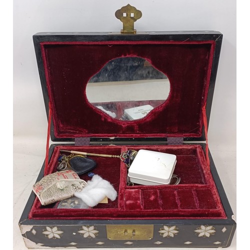 1140 - A lacquered jewellery box, a writing slope and assorted costume jewellery (box)