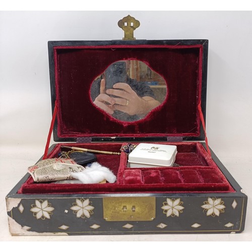 1140 - A lacquered jewellery box, a writing slope and assorted costume jewellery (box)