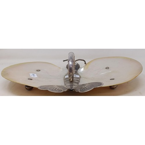 1146 - A Chinese silver coloured metal and mother of pearl two section dish, in the form of a butterfly, wi... 