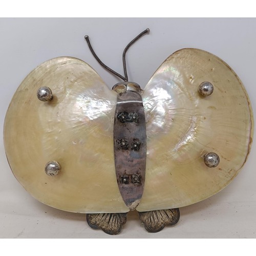 1146 - A Chinese silver coloured metal and mother of pearl two section dish, in the form of a butterfly, wi... 