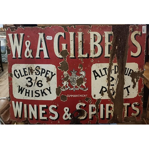 1166 - A W & A Gilberts Wines & Spirits enamel sign, some loss, 54 x 76 cm