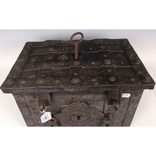 1187 - A 17th century style metal strong box, with a reverse turning hidden key in the lid, 46 cm wide