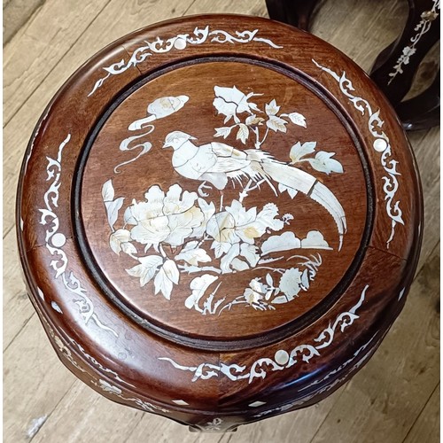 1299 - Two similar Chinese hardwood stools, with mother of pearl inlaid decoration, slight loss