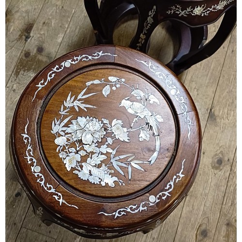 1299 - Two similar Chinese hardwood stools, with mother of pearl inlaid decoration, slight loss