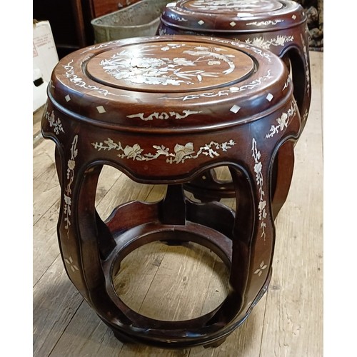 1299 - Two similar Chinese hardwood stools, with mother of pearl inlaid decoration, slight loss