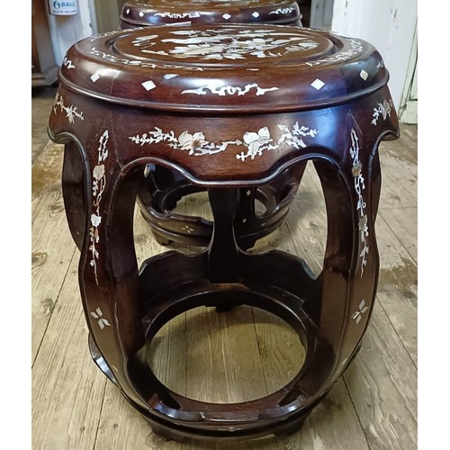 1299 - Two similar Chinese hardwood stools, with mother of pearl inlaid decoration, slight loss