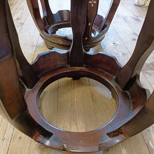 1299 - Two similar Chinese hardwood stools, with mother of pearl inlaid decoration, slight loss