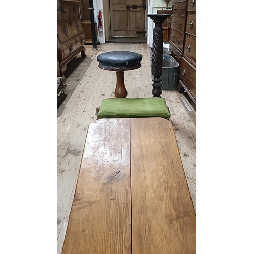 1282 - A nest of three oak tables, 46 cm wide, a piano stool, a gout stool, an oak low table, a pedest... 