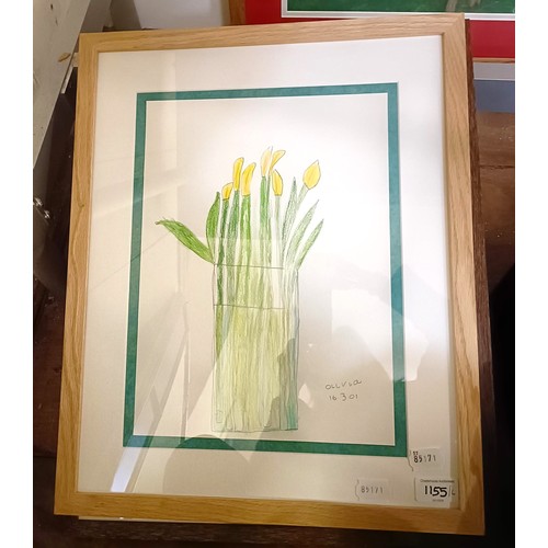 1155 - Emma B, a cockerel, pastel, signed, 30 x 41 cm, study of daffodils, crayon, 35 x 26 cm, an abstract ... 