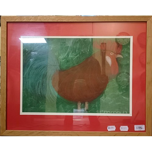 1155 - Emma B, a cockerel, pastel, signed, 30 x 41 cm, study of daffodils, crayon, 35 x 26 cm, an abstract ... 