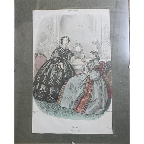 20 - A 19th century French fashion print of two ladies, 28 x 19 cm, and assorted other fashion prints Pro... 