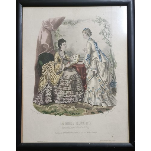 18 - A 19th century French print, two ladies and a child in a park, 25 x 26 cm, and assorted other fashio... 