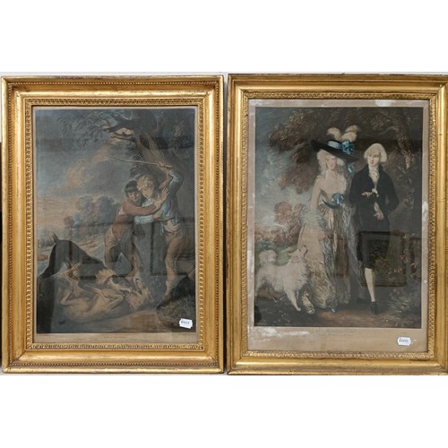 204 - A 19th century print, boys and dogs, 58 x 40 cm, in gilt gesso frame, another and a pair of prints (... 