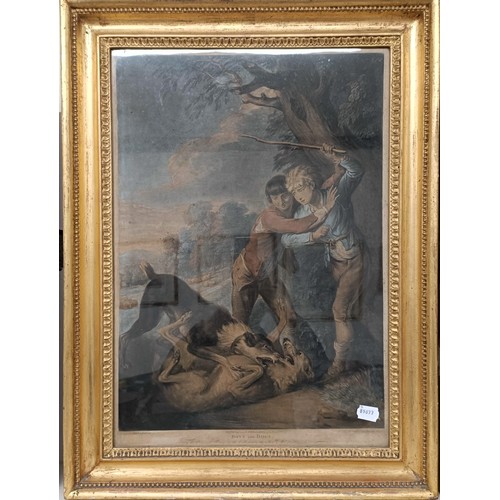 204 - A 19th century print, boys and dogs, 58 x 40 cm, in gilt gesso frame, another and a pair of prints (... 