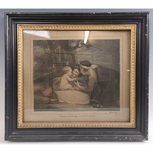 204 - A 19th century print, boys and dogs, 58 x 40 cm, in gilt gesso frame, another and a pair of prints (... 