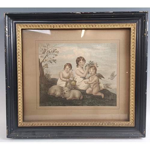 204 - A 19th century print, boys and dogs, 58 x 40 cm, in gilt gesso frame, another and a pair of prints (... 