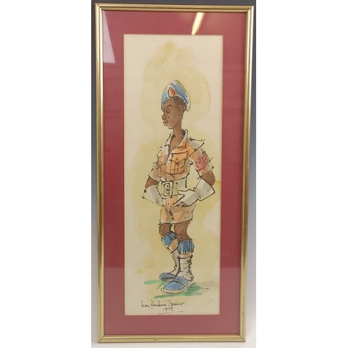 207 - Ken A Spencer, cartoon of a Military Policeman, signed and dated 1959, 54 x 18 cm, and a figure on a... 