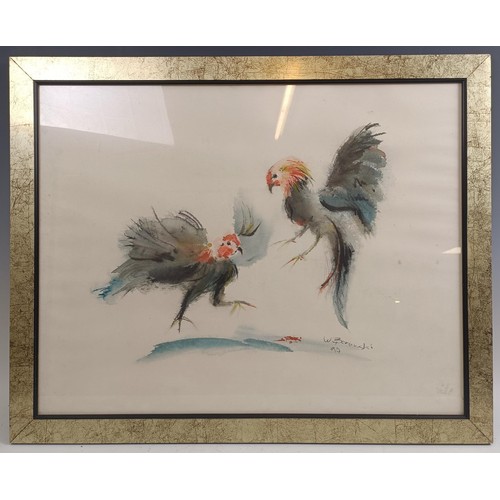 209 - W Borowski, fighting cockerels, watercolour, signed, dated '90, 48 x 62 cm