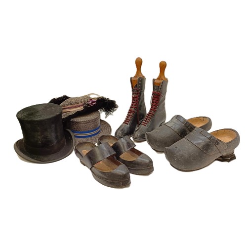 1 - A pair of clogs, another pair, a pair of Victorian style boots, with stretchers, and assorted textil... 