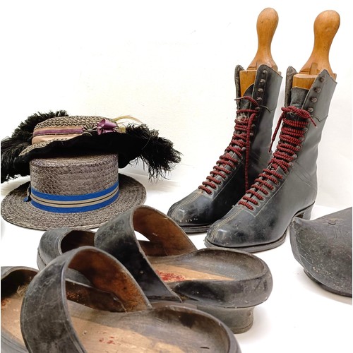 1 - A pair of clogs, another pair, a pair of Victorian style boots, with stretchers, and assorted textil... 