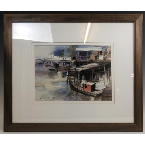 220 - English school, the jetty, watercolour, indistinctly signed, 27 x 38 cm, and its pair (2)