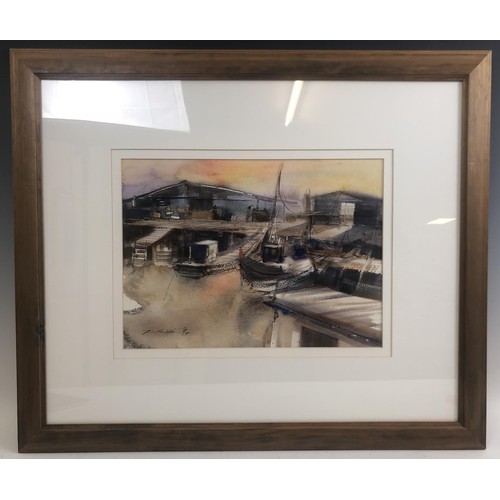 220 - English school, the jetty, watercolour, indistinctly signed, 27 x 38 cm, and its pair (2)