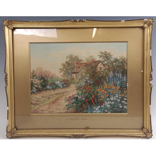 221 - J Halford Ross, cottage garden scene, watercolour, signed, 28 x 38 cm, and its pair (2)