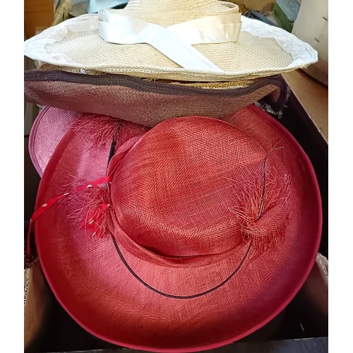 4 - A leather hatbox, an embroidered hat cover, decorated flowers, and assorted hats including a Jean-Ch... 