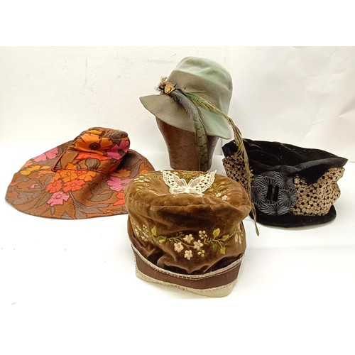 4 - A leather hatbox, an embroidered hat cover, decorated flowers, and assorted hats including a Jean-Ch... 