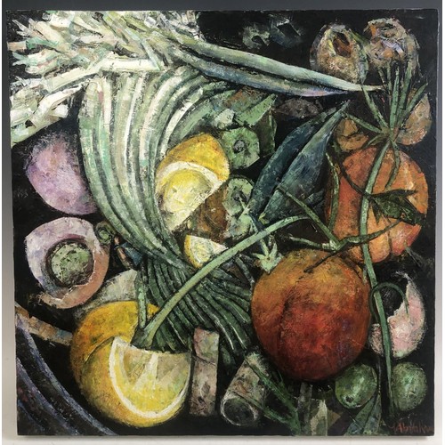 233 - Sabine Abraham, still life with fruit and a cut lemon, oil on canvas, signed, 50 x 50 cm, unframed