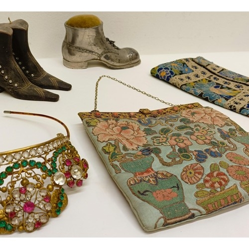 15 - A novelty pin cushion, in the form of a boot, a beadwork shawl, and assorted other textiles (box) Pr... 