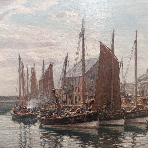 267 - James Gilmour, harbour scene, oil on canvas, signed, dated 1910, 42 x 58 cm, Morgan & Brown labe... 