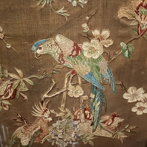 114 - An embroidered firescreen, decorted a parrot, 95 x 77, and another, 106 x 68 cm (2)